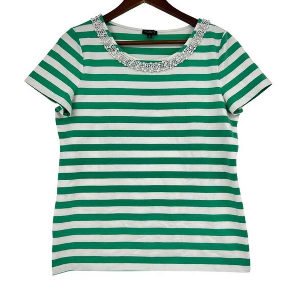 Talbots top short sleeve green & white stripe white beading scoop neck medium